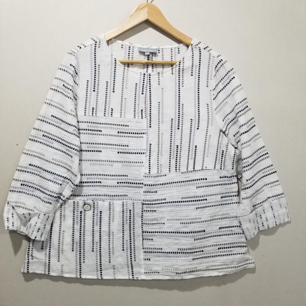 Habitat Shirt Womens Small White Black Pockets 3/4 Sleeve Art to Wear Boxy